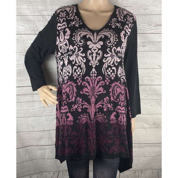 Two-One-Two Sweater Black Purple Ombré Floral Flared Tunic - Picture 1 of 12